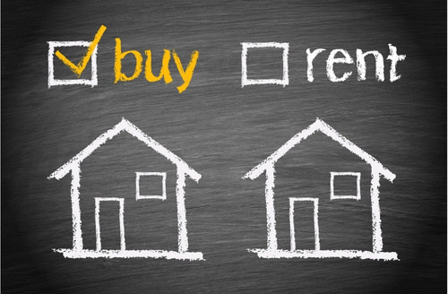 graphic with black background and two matching chalk outlined houses with the word "buy" in orange with a checkmark over one of the houses and the word rent with an unchecked box over the second chalk outlined house